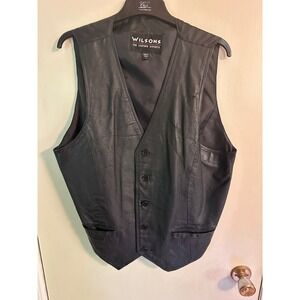 Wilsons Leather Vest Men's Large Black Button Front Adjustable Back Bikercore